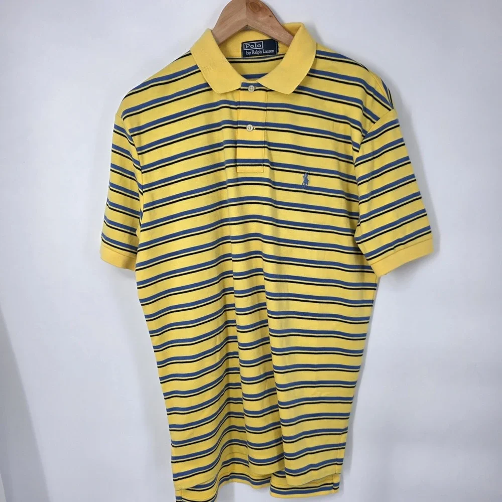VTG Polo Ralph‎ Lauren Polo Shirt Yellow Blue Striped Soft Blue Pony Men's Large